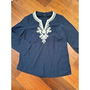 talbots women navy blue v neck embroidered long sleeve shirt XS 100% cotton
